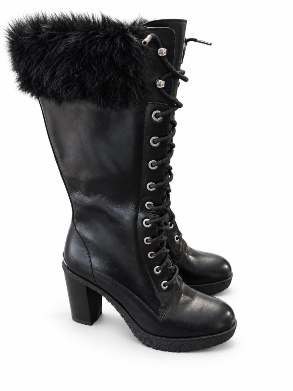 Michael Kors Kim Lace-Up Faux Fur Boots Black Leather Size 8 NWT (No Box)